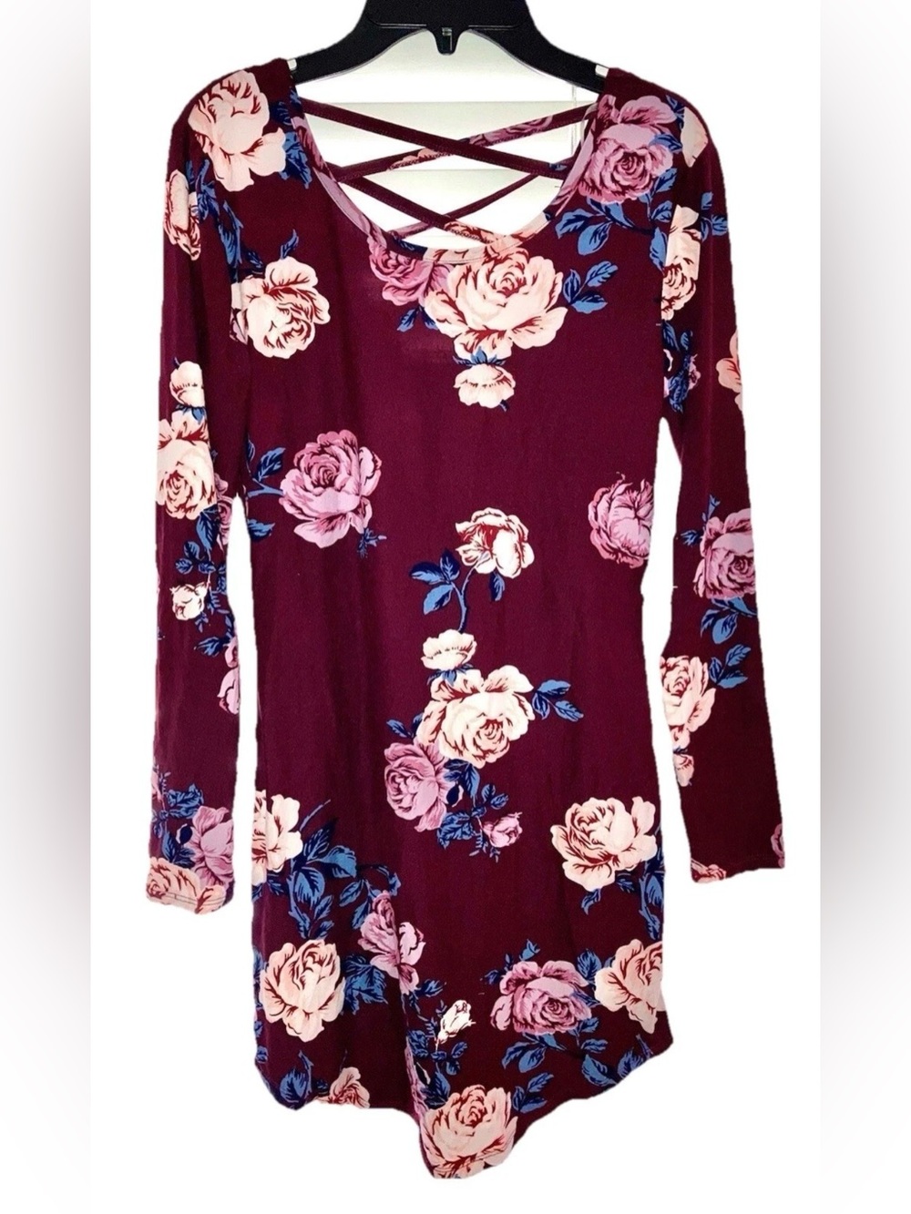 No Boundaries Juniors 7-9 Long Sleeve Burgundy Floral Short Dress w Back Detail